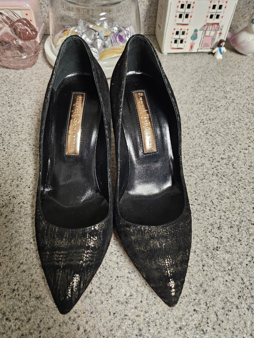 Rupert Sanderson Black Pointed Toe Metallic-Textured Pumps